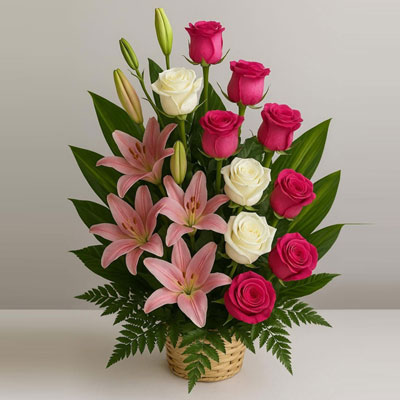 "Pink N White Roses with lilies Flower Basket - Click here to View more details about this Product